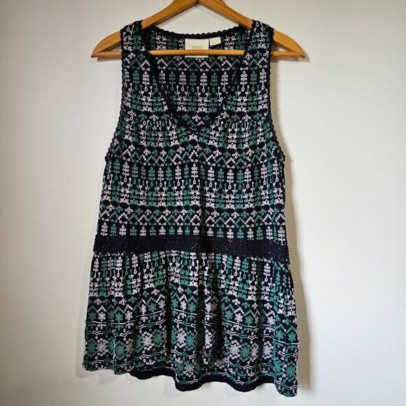 EUC MAEVE BY ANTHROPOLOGIE EMBROIDERED PATTERNED V NECK TIERED LACED TANK TOP M - Picture 1 of 15